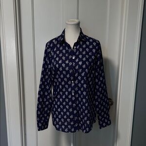 J. Crew Navy Blue Button Down Shirt with White Floral Pattern